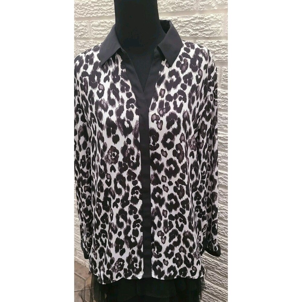 Chico's Black White Leopard Blouse Pleated Back Size 1 / Medium 8 To 10 36.5